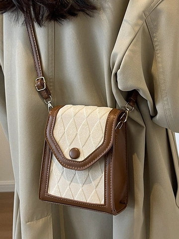 Bolso de Bandolera para Teléfono de Mujer en Cuero PU Patrón Acolchado de Rombos Color de Contraste Bolso Cuadrado