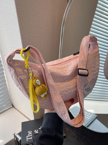 Damen Canvas Plissee Umhängetasche Koreanischer Stil Hobo Schultertasche Mit Cartoon Anhänger Und Good Luck Brief Lässige Tasche