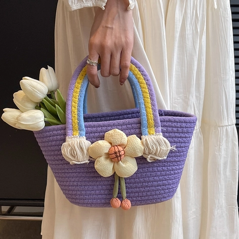 Women Handwoven Cotton Rope Bucket Bag Rainbow Handle 3D Fabric Flower Summer Beach Vacation Cute Sweet Straw Style Tote