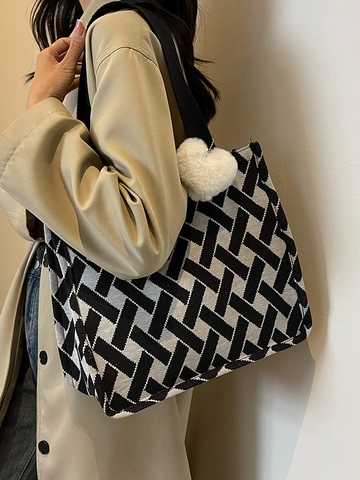Damen Vintage Geometrische Gewebte Canvas Tragetasche Große Kapazität Umhängetasche Casual Arbeit Pendeln Handtasche Mit Herz Plüsch Anhänger