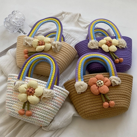 Women Handwoven Cotton Rope Bucket Bag Rainbow Handle 3D Fabric Flower Summer Beach Vacation Cute Sweet Straw Style Tote