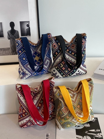 Damen Retro Ethno Geometrisch Gewebte Handtasche Canvas Eimer Einkaufstasche Magnetverschluss Casual Boho Handtasche Für Reise