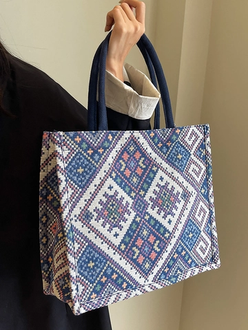Vintage Ethno Geometrische Gewebte Canvas Tote Bag Große Kapazität Jacquard Muster Umhängetasche Für Damen Reisen Handtasche