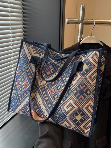 Ethno-Stil Große Kapazität Segeltuch Tote Tasche Für Damen Retro Geometrisch Gewebte Umhängetasche Bohemian Mami-Tasche Reisen
