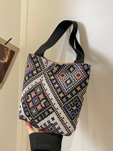 Damen Retro Ethno Geometrisch Gewebte Handtasche Canvas Eimer Einkaufstasche Magnetverschluss Casual Boho Handtasche Für Reise