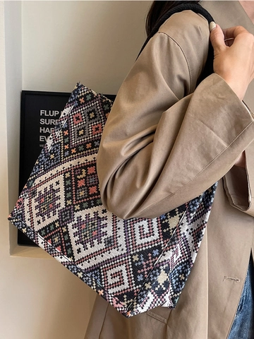 Vintage Ethno Geometrische Gewebte Canvas Tote Bag Große Kapazität Jacquard Muster Umhängetasche Für Damen Reisen Handtasche