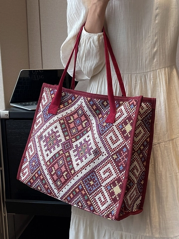 Ethno-Stil Große Kapazität Segeltuch Tote Tasche Für Damen Retro Geometrisch Gewebte Umhängetasche Bohemian Mami-Tasche Reisen