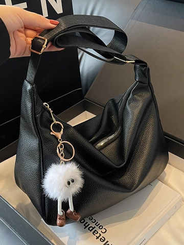 Borsa a Tracolla da Donna in Pelle PU Moda Tracolla Larga Trama Litchi Borsa a Spalla Con Ciondolo Mostro Retro Boston Borsa a Cuscino