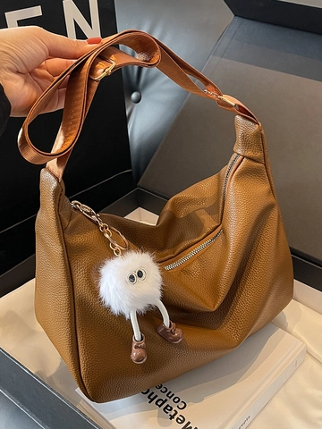 Borsa a Tracolla da Donna in Pelle PU Moda Tracolla Larga Trama Litchi Borsa a Spalla Con Ciondolo Mostro Retro Boston Borsa a Cuscino