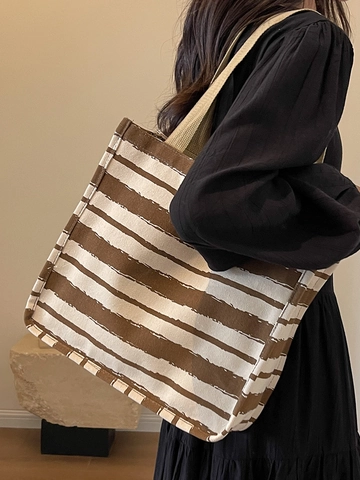Women Large Capacity Canvas Tote Bag Vintage Striped Printed Shoulder Bag For Daily Casual Commuting School Students Handbag