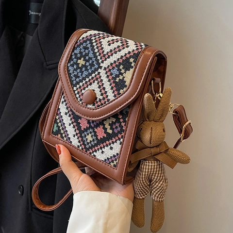 Vintage Etnische Geweven Crossbodytas Voor Dames PU-Leer Patchwork Kleine Vierkante Telefoontas Met Schattige Konijnenhanger