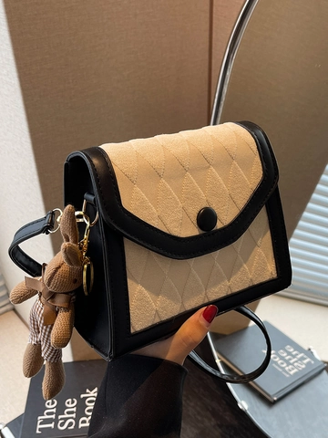 Franse Retro Ruit Gewatteerde Kleine Vierkante Tas Voor Dames Contrastkleur PU Leer Schouder Crossbodytas Met Konijnenhanger