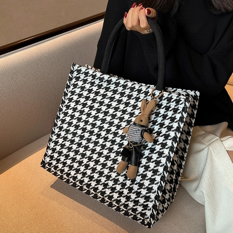 Hahnentritt Tweed Tote Tas Grote Capaciteit Dames Schoudertas Met Pluche Konijn Hanger Woon-werkverkeer Handtas Mode Casual Tas Met Handvat