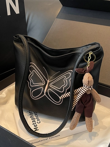 Bolso Tote de Cuero PU de Gran Capacidad Vintage para Mujer Bolso de Axila con Mariposa Bordada Bolso de Viaje Estilo Colegial