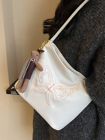 Bolso Tote de Cuero PU de Gran Capacidad Vintage para Mujer Bolso de Axila con Mariposa Bordada Bolso de Viaje Estilo Colegial