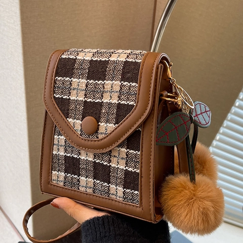 Vintage Geruit PU Leer Tweed Crossbodytas Mini Vierkante Schouder Telefoontas Met Kers Pompon Hanger Voor Dames