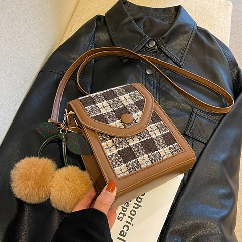 Vintage Geruit PU Leer Tweed Crossbodytas Mini Vierkante Schouder Telefoontas Met Kers Pompon Hanger Voor Dames