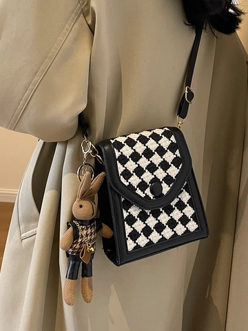 Vintage Französischer Stil Hahnentritt Schachbrett PU Leder Kleine Quadratische Umhängetasche Damen Mit Kaninchen Plüsch Anhänger