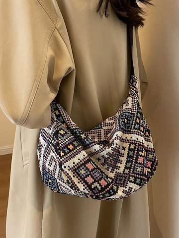 Ethno-Stil Canvas Hobo Tasche Für Damen Buntes Geometrisches Muster Große Kapazität Umhängetasche Vielseitige Knödel Crossbody Tasche Reise Handtasche