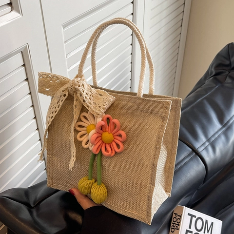 Borsa a Mano da Donna in Cotone e Lino con Fiocco in Pizzo e Fiori in Maglia Borsa Porta Pranzo Portatile Borsa a Tracolla Casual