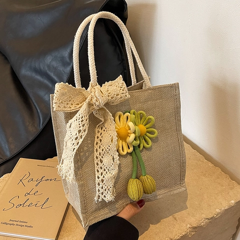Borsa a Mano da Donna in Cotone e Lino con Fiocco in Pizzo e Fiori in Maglia Borsa Porta Pranzo Portatile Borsa a Tracolla Casual