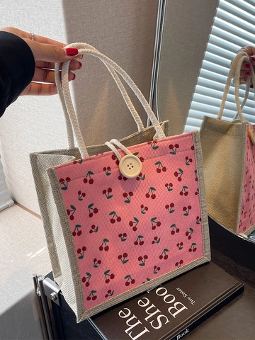 Petit Sac Fourre-Tout Femme en Velours Côtelé et Jute Patchwork Imprimé Cerise Sac à Main à Poignée en Corde Cadeau Souvenir