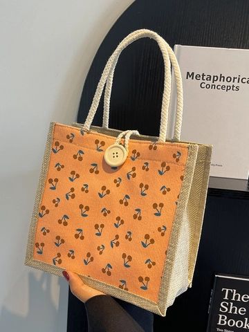 Petit Sac Fourre-Tout Femme en Velours Côtelé et Jute Patchwork Imprimé Cerise Sac à Main à Poignée en Corde Cadeau Souvenir