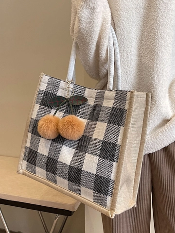 Dames Grote Capaciteit Katoen Linnen Geruite Tote Bag Raster Schoudertas Met Kersenhanger Gevlochten Handvat Mode Woon-Werk Tas