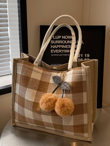 Dames Grote Capaciteit Katoen Linnen Geruite Tote Bag Raster Schoudertas Met Kersenhanger Gevlochten Handvat Mode Woon-Werk Tas