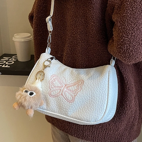 Sac à Épaule pour Femme en Cuir PU Forme de Nœud avec Broderie Papillon Sac Baguette pour Voyage Quotidien Tenues
