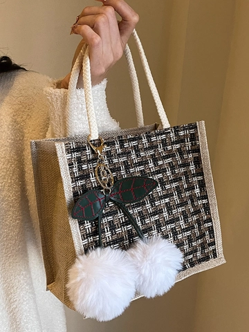 Borsa a Mano da Donna Vintage in Tessuto a Quadri Borsa in Lino e Tweed con Ciondolo a Ciliegia Borsa a Tracolla alla Moda per Donna
