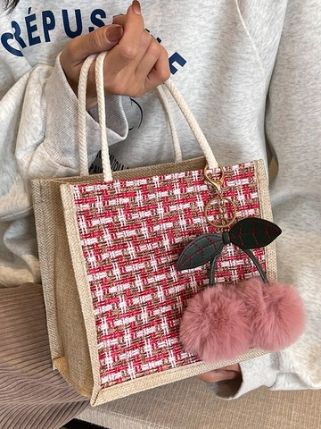 Borsa a Mano da Donna Vintage in Tessuto a Quadri Borsa in Lino e Tweed con Ciondolo a Ciliegia Borsa a Tracolla alla Moda per Donna