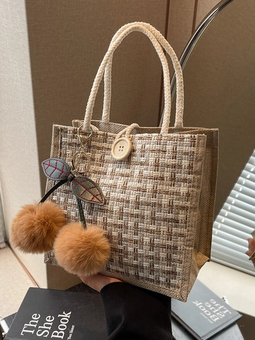 Borsa a Mano in Cotone e Lino Tessuta a Quadri da Donna Vintage Stile Giapponese Piccola Borsa Tote Porta Bento Borsa Pranzo Con Ciondolo a Ciliegia