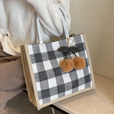 Borsa Tote da Donna a Grande Capacità in Cotone e Lino a Scacchiera Borsa a Tracolla a Quadretti Con Ciondolo a Ciliegia per Pendolarismo