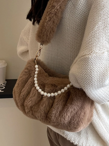 Bolso de Hombro de Terciopelo de Felpa para Mujer Diseño de Nube Fruncida Con Cadena de Perlas Artificiales Moda Otoño Invierno