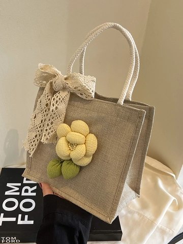 Borsa a Mano in Lino da Donna Con Decorazione a Fiore 3D e Fiocco di Pizzo Borsa Tote in Juta Stile Rurale Con Manico in Corda