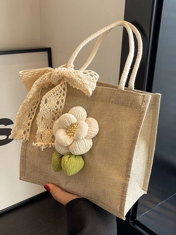 Borsa a Mano in Lino da Donna Con Decorazione a Fiore 3D e Fiocco di Pizzo Borsa Tote in Juta Stile Rurale Con Manico in Corda