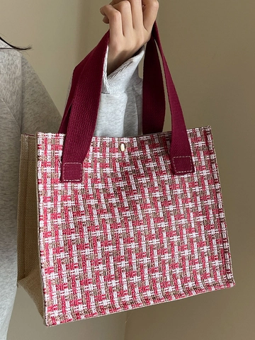 Borsa Tote in Tweed Intrecciato Vintage da Donna in Cotone Lino Tela Giuntata Borsa a Mano Grande Capacità Borsa da Pendolare