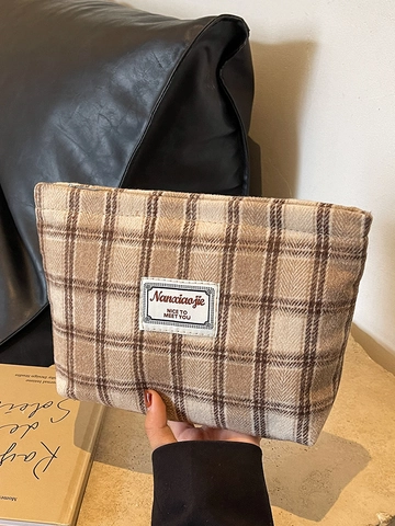Neceser de Lana a Cuadros Vintage Gran Capacidad Portátil Bolsa de Almacenamiento de Aseo para Mujeres Organizador de Maquillage de Viaje