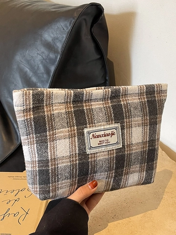 Neceser de Lana a Cuadros Vintage Gran Capacidad Portátil Bolsa de Almacenamiento de Aseo para Mujeres Organizador de Maquillage de Viaje