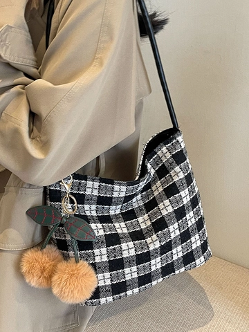 Borsa Tote in Tela Plaid Minimalista da Donna Grande Capacità Borsa a Tracolla a Scacchi Con Ciondolo a Palla di Pelo di Ciliegia