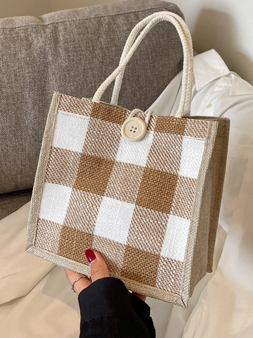 Vintage Kariert Baumwolle Leinen Tragetasche Für Damen Holzknopf Schachbrett Handtasche Mit Seilgriff Kleine Einkaufstasche