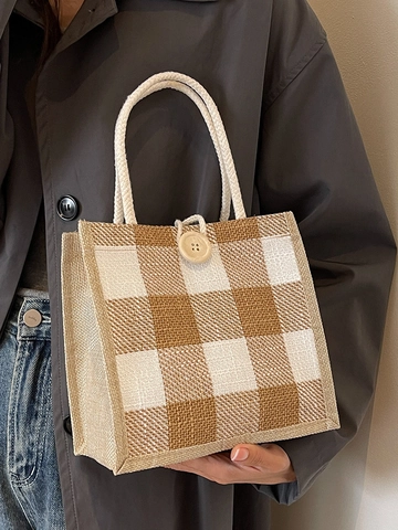 Vintage Kariert Baumwolle Leinen Tragetasche Für Damen Holzknopf Schachbrett Handtasche Mit Seilgriff Kleine Einkaufstasche