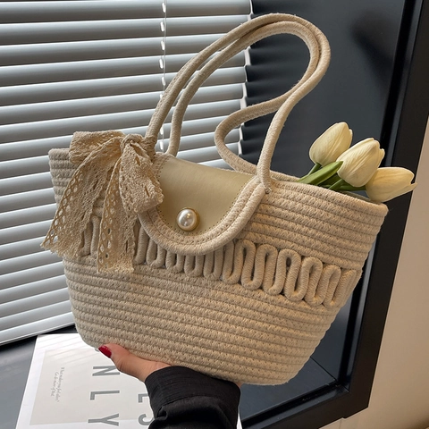Borsa a Tracolla in Corda di Cotone Intrecciata a Mano con Fibbia in Perla Artificiale e Fiocco in Pizzo Borsa da Spiaggia in Paglia Donna
