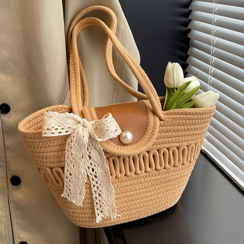 Borsa a Tracolla in Corda di Cotone Intrecciata a Mano con Fibbia in Perla Artificiale e Fiocco in Pizzo Borsa da Spiaggia in Paglia Donna