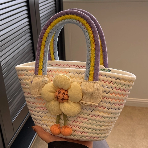 Handgewebte Baumwolle Eimertasche Regenbogen Griff Blumen Dekoration Modische Urlaub Reisen Schulterhandtasche Für Damen