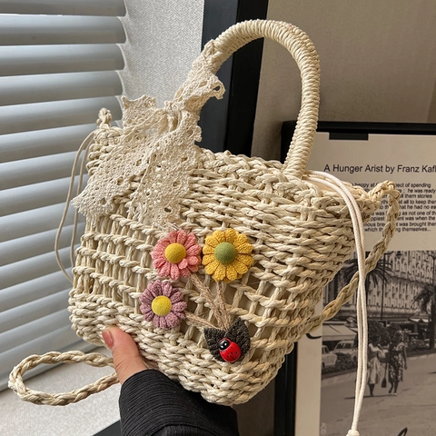 Borsa in Paglia Intrecciata a Mano per Donna Con Fiocco in Pizzo e Decorazioni Floreali Borsa a Tracolla per Vacanze al Mare Stile Pastorale