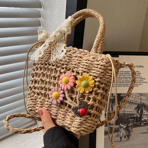 Borsa in Paglia Intrecciata a Mano per Donna Con Fiocco in Pizzo e Decorazioni Floreali Borsa a Tracolla per Vacanze al Mare Stile Pastorale