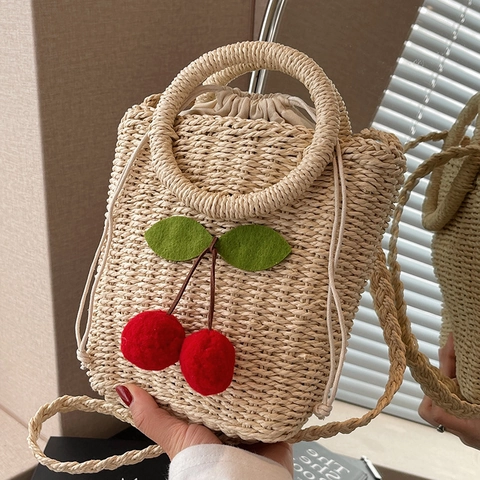 Borsa a Tracolla in Paglia Intrecciata di Fascia Alta di Nicchia Per Donna Stile Vacanza Decorazione Ciliegia Fatta a Mano Borsa a Spalla Coulisse Spiaggia Estate