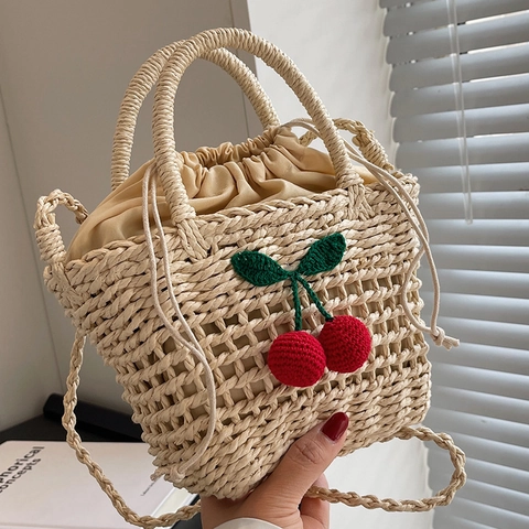 Handwoven Straw Beach Bag For Women Cherry Sunflower Decor Crossbody Shoulder Bag Summer Vacation Handbag With Drawstring